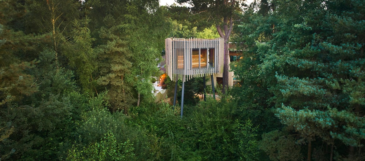 A drone shot of the Treetop Sauna in the evening.